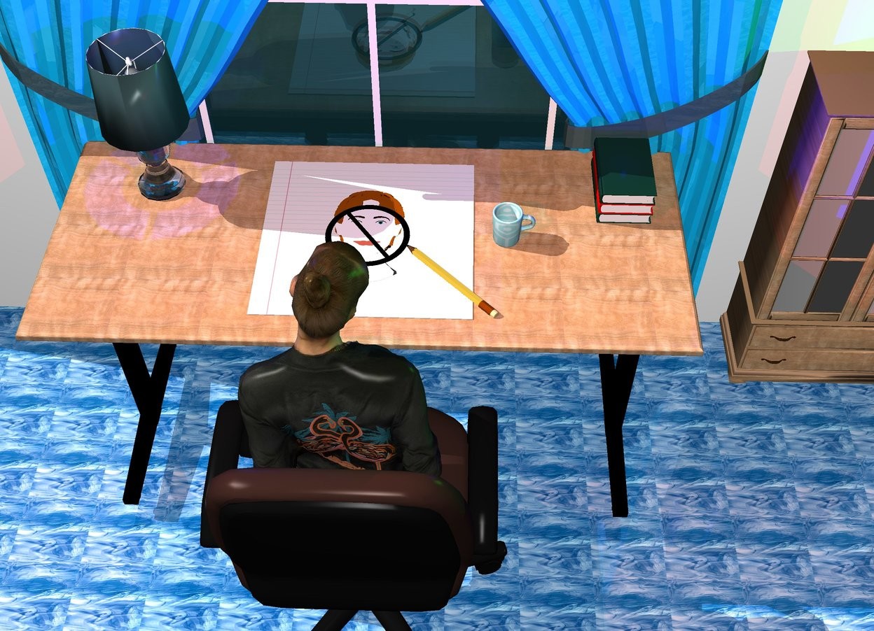 Input text: The small floor is [paper1]. a extremely huge pencil is -2 inches above the floor. the pencil is facing down. the pencil is facing southeast. the pencil is -55 inches to the front. the pencil is -40 inches to the right. a extremely big flat head above the floor. the head is facing up. the head is white. a big flat black not sign symbol above the head. the sign is facing up. the floor is above the extremely big [wood] table. a huge clear lamp above the table. the lamp is -80 inches to the left. the lamp is -140 inches to the front. a huge [poly3] cup 10 inches to the right of the floor. the cup is facing west. a 1st huge book 230 inches to the right of the lamp. the book is facing up. a 2nd red huge book above the 1st book. the book is facing up. a 3rd huge dark blue book above the 2nd book. the 3rd book is facing up. a 21 feet tall chair -3 feet in front of the table. the chair is facing the table. a 28 feet tall woman -22 feet above the chair. the woman is facing the table. a very large wall 2 feet behind the table. a extremely big window in front of the wall. a extremely big curtain in front of the window. a extremely big [wood] wardrobe to the right of the curtain. the ground is white [glass]. A dark red light on the woman. a orange light on the wall. a green light on the wardrobe. a navy light on the lamp. a navy light on the book. a red light on the chair. the camera light is on the front of the lamp. the curtain is dull.