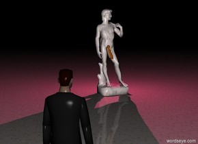 the [marble] statue. it is night. the ground is [marble]. 

the fuschia light is -5 foot above the statue. the fuschia light is 0.1 foot north of the statue. the fuschia light is -2 foot east of the statue.


the large hotdog is -0.8 feet in front of the statue. the hotdog is 5 feet above the ground. the hotdog is -2.4 foot west of the statue. the hotdog is leaning 70 degrees to the left. the meat of the hotdog is nutmeg brown. 
the man is 8 foot west of the statue. the man is 20 foot south of the statue. the man is facing the statue.
