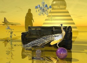 There is a translucent couch. There is a shiny gold large wall three feet away behind the couch. The ground is shiny gold. There is a large translucent plant 1 feet left of the couch. There is a shiny orange peacock on the ground in front of the couch. There is a translucent cube 2 feet in front of the peacock. There is a shiny pink head 12 inches inside the cube. There is a silver chandelier 1 feet above the peacock. There is a shiny purple sphere 1 feet to the right of the cube. The peacock is facing east. There is a shiny small building 15 feet in front of the sphere. There is a 12 feet tall translucent statue 3 feet to the left of the building. The statue is facing the cube. There is a tiny translucent airplane next to the statue. The airplane is 3 feet above the ground.