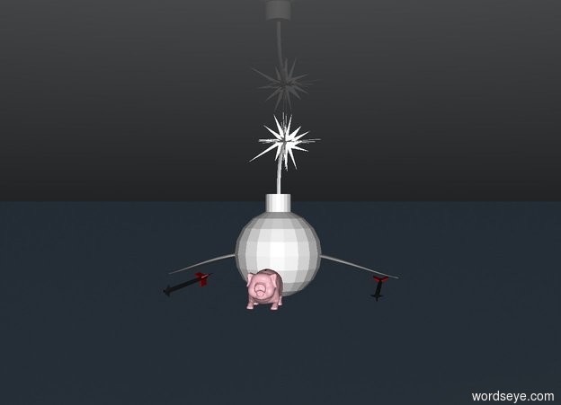 Input text: a very big bomb.the bomb is under the ground.the bomb is white.a pink pig is in  front of the bomb.an arrow is 1 foot to the right of the bomb.an arrow is 1 foot to the left of the bomb.a bird is on top of the arrows 
