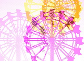 it is evening.
the tiny ferris wheel.
the 60 feet tall [texture] peach wall is 50 feet behind the ferris wheel.
the wall is 70 feet wide.
it is night.
the copper light is 20 feet in front of the ferris wheel.
the light is east of the ferris wheel.
the marmalade light is 10 feet west of the light.
the magenta light is 10 foot below the light.
the orchid light is -20 foot east of the ferris wheel.
the light is 40 foot in front of the ferris wheel.
the light is -40 foot above the ferris wheel.
the camera light is black.