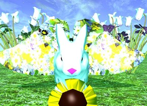 The ground is grass. A rabbit facing west. 6 big cyclamens. 6 big cyclamens in front of the cyclamens. A huge butterfly facing the rabbit. The butterfly is facing up. the cyclamens are magenta. The ambient light is turquoise. The butterfly is [flower]. A tiny flower is -14 inches to the right of the rabbit. The flower is 12 inches inside the ground. The flower is facing west. 