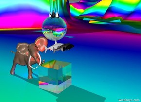 3 penguins are inside the  sphere. Sphere is enormous. Sphere is made of glass. sphere is in the air.  It is morning. Big elephant faces the sphere. 3 fish flying. Fish are under the sphere. 
Fish are big. The transparent cube is on the ground. The cube is under sphere. The cube is ten feet tall. Red light is on the cube. The green light is on the sphere. The ground is rainbow. Blue light is under the elephant. 