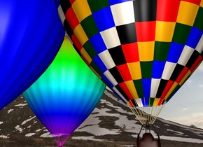 The hot air balloon is in the sky. there is a 2nd light blue hot air balloon on the left of the hot air balloon. there is a 3rd rainbow hot air balloon 5 feet behind the hot air balloon. 