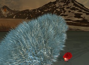 the white hedgehog is 250 feet tall. it is leaning 25 degrees to the back.
the 60 feet tall red hedgehog is  70 feet in front of the white hedgehog. it is facing the white hedgehog.
the big orange light is right of the white hedgehog.
the big purple light is left of the white hedgehog.
the big red light is under the white hedgehog.
the camera light is steel blue.
it is dusk.