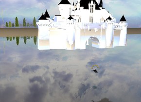 a 50 foot tall reflective castle is 25 feet above the ocean. 
The ocean is translucent.
a dolphin is 10 feet above the ocean in front of the castle.
a 5 foot long rainbow is 5 centimeters above the dolphin.
The ground is sand.
10 feet below the dolphin is a puddle of water. 10 trees are 1000 feet behind the castle. lightning bolt is 100 feet tall. the lightning bolt is above the tree