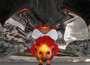 the transparent hedgehog is 150 feet tall. it is leaning 11 degrees to the back.
the 100 feet tall red hedgehog is  60 feet in front of the transparent hedgehog. it is facing the transparent hedgehog.
the big orange light is right of the transparent hedgehog.
the big purple light is left of the transparent hedgehog.
the big red light is under the transparent hedgehog.
the camera light is green.