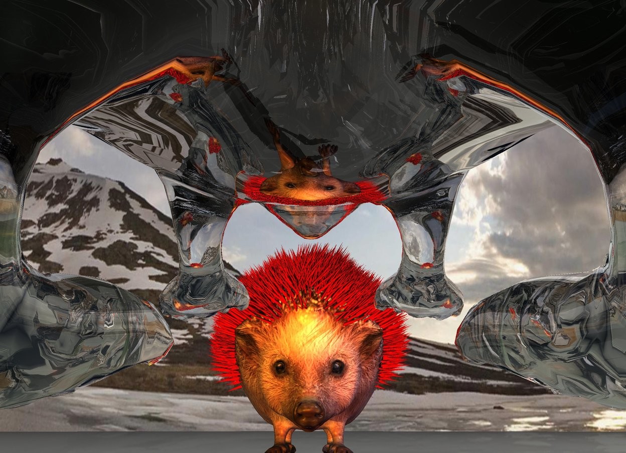 Input text: the transparent hedgehog is 150 feet tall. it is leaning 11 degrees to the back.
the 100 feet tall red hedgehog is  60 feet in front of the transparent hedgehog. it is facing the transparent hedgehog.
the big orange light is right of the transparent hedgehog.
the big purple light is left of the transparent hedgehog.
the big red light is under the transparent hedgehog.
the camera light is green.