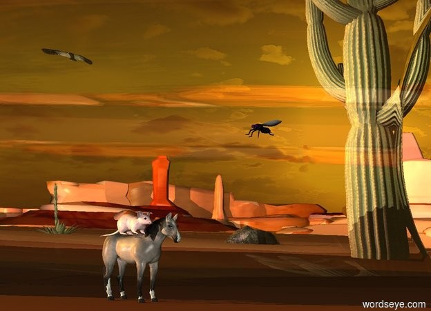 Input text: The ground is [terrain]. It is dusk. An enormous glass is behind an extremely tiny pale grey horse. The glass is leaning 90 degrees to the left. The glass is -4 inches above the ground. A pink light is 10 yards to the left of the glass. A pale yellow light is above the glass. The horse is facing southeast. A pale pink mouse is -1.5 inches above the horse. The mouse is -5 inches to the left of the horse. The mouse is facing southeast. A large fly is 6 inches above the mouse. The fly is 10 inches to the right of the mouse. The fly is facing southwest. A cactus is 1 foot behind the glass. The cactus is -1 foot to the right of the glass. A small plant is 15 feet behind the glass. The plant is -10 feet to the right of the glass. A small rock is 10 feet behind the glass. The rock is -2 feet to the right of the glass. The sun is orange. A bird is 30 feet behind the plant. The bird is 24 feet above the ground and -12 feet to the right of the plant.. The bird is facing northwest.