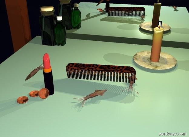 Input text: The ground is dark navy. It is evening. A very tiny squid is 6 inches in front of a huge leopard skin comb. The squid is facing southwest. A very huge lipstick is 10 inches to the left of the squid. The comb is on an enormous pale turquoise table. The comb is leaning 87 degrees to the left. There is an enormous mirror behind the table. A second very tiny squid is -3 inches below the comb . The second squid is -5.5 inches to the right of the comb. A third very tiny squid is -2.5 inches to the left of the lipstick and 3.5 inches above the table. The third squid is facing east. The third squid is leaning -45 degrees to the front. A large bottle is 3 foot behind and 21 inches to the left of the comb.  A second large bottle is 3 foot behind and 14 inches to the left of the comb. A huge candle is 4.5 feet to the right of the second bottle. The candle is 6 inches in front of the second bottle. A pale yellow dim light is on the candle. A second pale yellow dim light is on the candle. A dim orange light is on the candle. A huge penny is -2 inches in front of the lipstick and 2 inches to the left. The penny is leaning 90 degrees to the back. A second huge penny is -0.4 inches in front of the lipstick and -3 inches to the left. The second penny is leaning 45 degrees to the back.  A third huge penny is 3.4 inches in front of the lipstick and 5 inches to the left. The third penny is leaning 90 degrees to the back. A large khaki marble dish is -2 inches below the candle. A fourth very tiny squid is 5 feet to the right of the lipstick. The fourth squid is 1.5 feet in front of the lipstick.