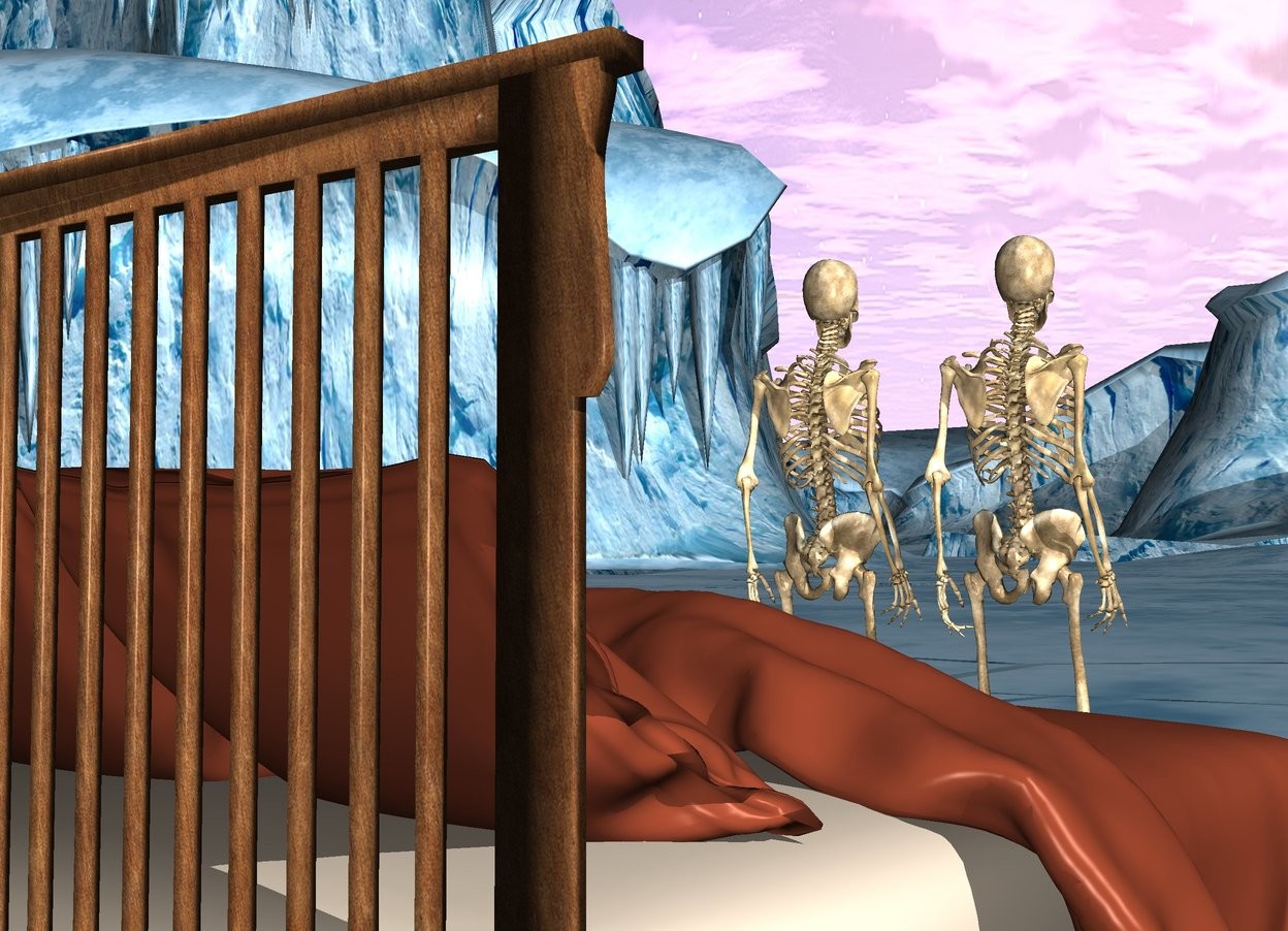 Input text: There are two skeletons. There is a bed behind the skeletons