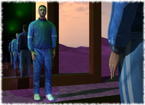 the man is 3 feet in front of the enormous mirror. the mirror is 10 feet wide. he is facing the mirror. a second enormous mirror is 3 feet in front of the man. it is facing the man. the ground is purple. the camera light is black. the mauve light is 1 foot behind the man. the green light is 7 feet above the mauve light.