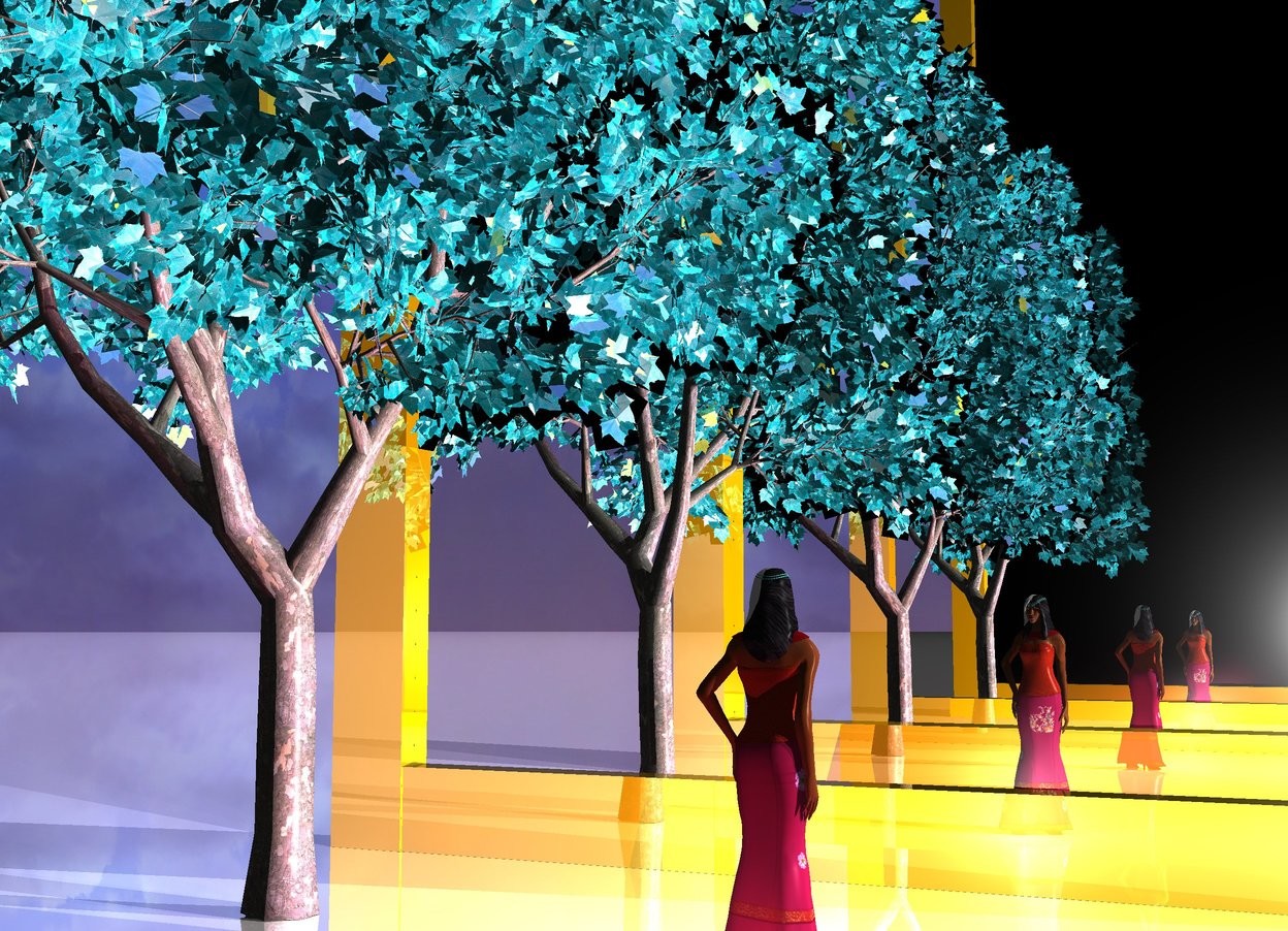 Input text: the woman. the 1st gigantic gold mirror is 8 foot behind the woman. the 2nd gigantic gold mirror is 8 foot in front of the woman. it is morning. the ground is reflective. the white light is in front of the woman. the small summer rain blue reflective tree is west of the woman. the fuschia light is behind the woman.