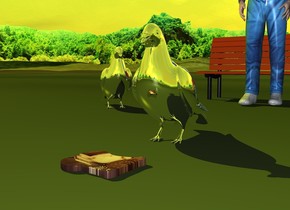 the forest. the silver pigeon is facing a second silver pigeon. the sun is yellow. the [bread] bread is 3 inches in front of the second pigeon. the small bench is 3 feet behind the second pigeon. the small man is in front of the bench.
