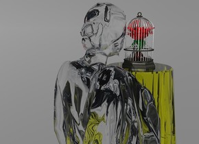 A flower fits inside a silver cage. the silver cage is on a transparent yellow table. a large transparent woman is behind the transparent table. the transparent woman is 6.5 feet in the ground. sky is grey. ground is silver. there is a huge red light on the cage. there is a 2nd huge light on the woman. there is a huge light behind the woman. the light is facing the woman.