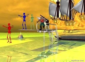 a 10 feet tall diving board.a first green skeleton is on the diving board.a pirate is 4 feet behind the skeleton.the ground is water.a second blue skeleton is 2 feet in front of the first skeleton.a galleon is 1 feet behind the diving board.the galleon is facing left.the diving board is 6 inches in the ground.a third red skeleton is 5 feet in front of the second skeleton.the third skeleton is 2 feet above the ground.the ground is shiny.a 10 feet tall shark is 10 feet left of the galleon.the shark is 4 feet in the ground.the shark is facing the red skeleton.a yellow light is above the galleon.the sun is orange.the galleon is reflective.