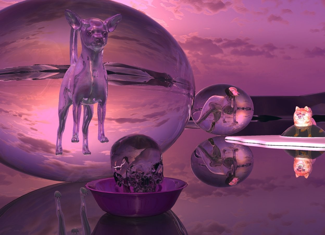 Input text: the ground is clear. there is a first giant clear egg. A small purple reflective chihuahua is 8 inches inside the first egg.  a second giant clear egg is .5 foot behind and 2 feet to the right of the first egg. a small reflective Pomeranian is in the second egg. the Pomeranian faces the chihuahua. a third giant clear egg is 5 inches behind the second egg. a small reflective dachshund is 8 inches in the third egg.  a small shiny purple bowl is 1 inch in front of the first egg. the sun is hot pink. a very small gray clear skull is in the bowl.