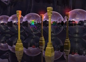 a 12 feet tall silver web.the ground is clear.a 1 feet tall rainbow spider is -6 feet above the web.the spider is facing down.a first gold column is left of the web.a second gold column is right of the web.the web is 5 feet above the ground.the first column is on the ground.the second column is on the ground.a first 50 feet tall silver wall is 10 feet behind the spider.the wall is on the ground.the first wall is 100 feet wide.a 30 feet tall first silver sphere is 50 feet in front of the wall.a 30 feet tall second silver sphere is left of the first silver sphere.a third 30 feet tall silver sphere is left of the second silver sphere.the sun is pink.a fourth 30 feet tall silver sphere is left of the third silver sphere.a fifth 30 feet tall silver sphere is right of the first silver sphere.a sixth 30 feet tall silver sphere is right of the fifth silver sphere.a seventh 30 feet tall silver sphere is right of the sixth silver sphere.a eighth 30 feet tall silver sphere is right of the seventh silver sphere.a ninth 30 feet tall silver sphere is left of the fourth silver sphere.a red light is above the first column.a second red light is above the second column.