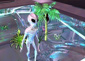 the sky is dark. the ground is clear. There is a shiny space alien. the alien is in a reflective pool. the sun is pink. the blue light is 1 inch in front of the alien. the green light is 1 inch to the right of the alien. the cyan light is 1 inch to the left of the alien. the purple light is 1 foot above the alien. a 1st shiny flower is 1 foot behind the alien. a 2nd shiny flower is 6 inches behind and 2 inches to the right of the alien. a 3rd shiny flower is 3 inches to the right of the 2nd flower. a miniature shiny palm tree is 6 inches to the right of and 3 inches behind the alien.