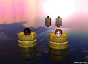 a first gold wheel.the wheel is facing up.a brown head is -7 inches above the wheel.a second golden wheel is 1 feet right of the first wheel.the second wheel is facing up.a pink head is -7 inches above the second wheel.the brown head's hair is black.a 50 feet long silver wall is 8 feet behind the first wheel.the sun's altitude is 90 degrees.the ground is clear.the sun is pink.