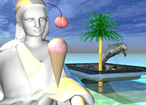 The ground is shiny water. There is a white woman. a pastel cherry is 5 feet above the ground. the cherry is .1 inch in front of the woman. a small tan cone is 3 inch below the cherry. the cone is upside-down. a very small pink sphere is in the cone. a small shiny pool is 5 feet to the right of and 8 feet behind the woman. A very small shiny palm tree is in the pool. a black light is 1 inch to the left of the woman. a first large dark translucent sphere is .5 foot above and 1 inch to the left of the woman. the orange light is above the dark translucent sphere. the  orange light is to the left of the woman. a 2nd dark translucent sphere is to the left of the woman. the 2nd sphere is 4.8 feet above the ground. a third brown translucent sphere is 1 inch above the woman. the orange light is above the brown sphere. the tan light is behind the woman. a 4th dark translucent sphere is 1 inch to the left of the woman. the 4th sphere is 4.5 feet above the ground. a shiny dolphin is 1 inch to the right of the palm tree. the dolphin is 2 foot above the ground.  the cyan light is above the dolphin. the blue light is above the palm tree.