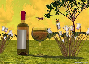 a glass.a bottle is 1 inches left of the glass.a wasp is 2 inches above the glass.the wasp is facing southwest.a first plant is right of the glass.the ground is grass.the sun is yellow.a bee is above the first plant.the bee is facing southeast.a second plant is left of the bottle.a tree is 30 feet behind the glass.the bee is -3 inches left of the first plant.