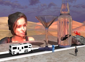 The road is on the [pattern] table. the table is 30 feet wide and 30 feet deep. the road is 30 feet long and 6 feet wide. the enormous glass is on the road.

the red light is 9 feet to the right of the glass.

The rock is 5 feet in front of the glass.
the enormous white bottle is 1 foot behind the rock.
the large solid red scorpion is -8 inches above the rock.
it is facing the bottle.
the scorpion is leaning 40 degrees to the back. 

the enormous woman is to the right  of the table. she is facing left. she is 46 feet in the ground. the cactus is 3 feet to the right of the woman.

the 2  small trees are 20 feet to the right of and 24 feet behind the woman. they are facing left.

the second large scorpion is 9 foot in the bottle.
it is leaning 45 degrees to the back.
the ground is shiny. the very tiny motorhome is 1 foot behind the glass. the tiny man is 2 feet to the left of the glass. he is on the table. he is facing the bottle. the tiny woman is 1 foot to the front of and 6 inches to the left of the man. she is facing the bottle.