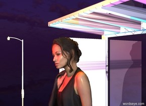 there is a woman.  a red light is 5 feet above the ground and in front of the woman. an orange light is above the woman. the blue light is to the right of the woman. the cyan light is to the left of the woman. the sky texture is dark. the sun is purple. the ground is clear.  a neon bus stop shelter is behind the woman. a small street light is 15 feet to the left of the bus stop shelter. the yellow light is on the street light.
