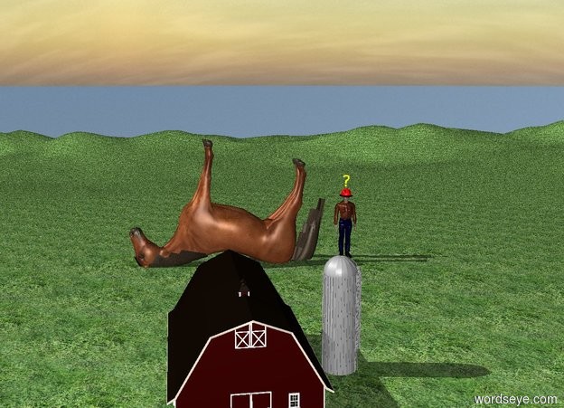 Input text: The ground is grass. The small barn is on the ground. The giant horse is 30 feet behind the barn. The horse is facing left. The horse is upside down.
The horse is 8 feet inside the ground. The horse is leaning 13 degrees to the back.

The tall man is to the right of  the horse. The man is on the ground.
The tall helmet is -9 inches above the man. 
 
The large yellow question mark is 5 inches above the helmet.