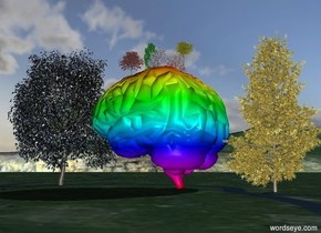 a 20 feet tall brain.a 5 feet tall blue almond tree is -6 inches above the brain.a 5 feet tall apple tree is 6 inches left of the almond tree.the apple tree is pink.the apple tree is -6 inches above the brain.a yellow 5 feet tall tree is 1 feet behind the almond tree.a 5 feet tall red tree is 1 feet in front of the almond tree.a 6 feet tall green tree is behind the red tree.the brain is rainbow.a gold tree is behind the brain.a silver tree is in front of the brain.