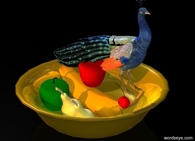 Input text: a 30 inch tall bowl.the bowl is gold.a 25 inch tall apple is -6 inch above the bowl.a 27 inch tall banana is -26 inch above the bowl.the sky is black.the ground is clear.in front of the bowl is a old gold light.above the bowl is a old gold light.the banana is facing west.a 29 inch tall pear is in front of the banana.a green 28 inch tall apple is left of the pear.a 15 inch tall cherry is -17 inch right of the banana.a 2nd 15 inch tall cherry is 0.5 inch above the cherry.a 2nd 26 inch tall pear is right of the pear.the camera light is gray.a 60 inch tall peacock is above the bowl.the peacock is facing east.above the peacock is a blue light.the ambient light is gray.