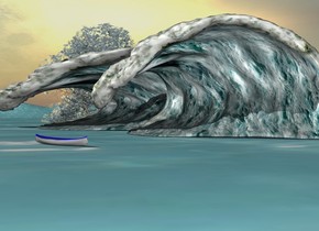 There is a huge tall wave. the ground is water.
There is a 2nd tall wave in front of the transparent wave. there is a tiny boat in front and to the left of the wave. the boat is facing southeast. there are transparent small trees in the ground behind the waves.