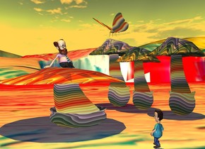 a 30 feet tall rainbow mushroom.a 33 feet tall rainbow mushroom is 1 inches right of the 30 feet tall rainbow mushroom.a 35 feet tall rainbow mushroom is 1 inches left of the 30 feet tall mushroom.a 20 feet tall rainbow mushroom is 20 feet  in front of the 30 feet tall mushroom.the 20 feet tall mushroom is 40 feet wide.the 20 feet tall mushroom is 40 feet deep.a 10 feet tall man is on the 20 feet tall mushroom.the man is facing right.a 9 feet tall boy is 20 feet right of the 20 feet tall mushroom.the boy is facing the man.[paint]ground.the sun's altitude is 90 degrees.a 10 feet tall rainbow butterfly is 1 feet above the 35 feet tall mushroom.the sun is orange.