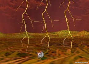 a  first lightning.the ground is grass.a second lightning is left of the first lightning.a third lightning is right of the first lightning.a mouse is in front of the first lightning.the sun is rust.