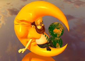 a  orange moon.a  man is -20 inch above the moon.the man is 15 inch tall.the ground is silver.in front of the man is a dim dark orange light.the camera light is dim dark orange.a very small  earth is 6 inch right of the moon. the ambient light is dim dark orange.