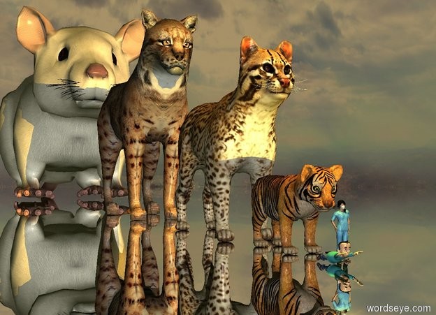 Input text: A tiger is -1 foot in front of a 3 feet high cat. A 5 feet high cat is behind the 3 feet high cat. A 10 feet high rat is 5 feet behind the 5 feet high cat. Very tiny People are in front of the tiger. The ground is silver. It is dawn. An orange light is 3 feet above the tiger. A lemon light is -2 inches above the people.