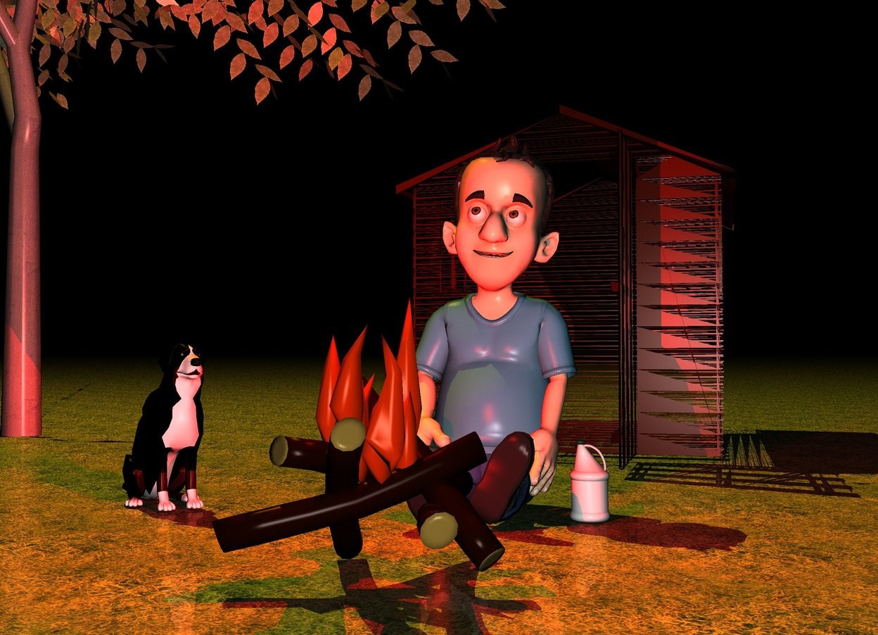 Input text: a fire.a boy is 1 feet behind the fire.a 7 feet tall shed is 3 feet behind the boy.a red light is in front of the boy.it is night.the ground is grass.a second red light is above the fire.a bottle is right of the boy.a tree is -3 feet left of the shed.a orange light is above the tree.a dog is 2 feet left of the boy.the dog is facing the fire.