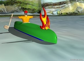 a 12 foot long  lime green canoe is -0.4 feet above the ground. it is upside down. a 1.5 feet wide bowl is -6.3 feet to the front and -1.8 feet to the right of the canoe. it is 0.8 feet above the ground. it is upside down. a 4.3 feet tall man is -2.9 feet above the bowl. he faces back. a tan half note is -0.5 feet right of the man and 0.4 feet above the ground. it leans left. it faces back. 1st large flame is -2 feet to the back of and -0.3 feet above the canoe. the ground is ocean. a small bicycle helmet is -0.2 feet above the man. 2nd flame is 0.2 feet behind the 1st flame. it leans 10 degrees to the right