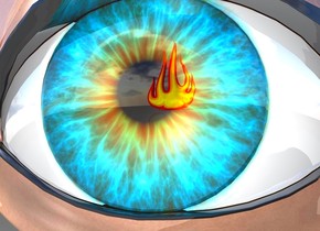 There is an eye. there is a fire 50 centimeters in front of the eye. the eye is shiny.