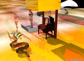 The cake is on the small table. It faces right. Golden cube is 2 feet above the cake. Cube is 3 feet tall. The mirror is behind the table. The mirror is 3 feet wide. 

The azimuth of the sun is 260 degrees. Ground is table. The glass man is 2 feet to the left of the mirror. Red light is in the man. Little transparent woman is 2 feet in front of the man. The man is facing the table. Man fits in big cage. whale  is 5 feet behind the man. Whale is facing west. 5 big butterflies are 4 feet in front of the mirror and 1 foot in the air. Butterflies are facing east. The 12 big trees are 50 feet behind the mirror. 4 enormous drops of water are under the butterflies.  Big snake is under the drops. Snake is made of glass. Snake is facing east


