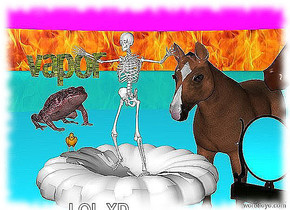 The skeleton is in the giant birdbath. The first big horse is behind the birdbath. The second big horse is to the right of the first big horse. The horses are facing the skeleton. The ground is cyan. There is a mirror 2 feet to the right of the skeleton. There is a huge red frog above the birdbath and to the left of the skeleton. The frog is facing the skeleton. The background is fire. The sky is magenta. There is a grass vapor above the frog. 