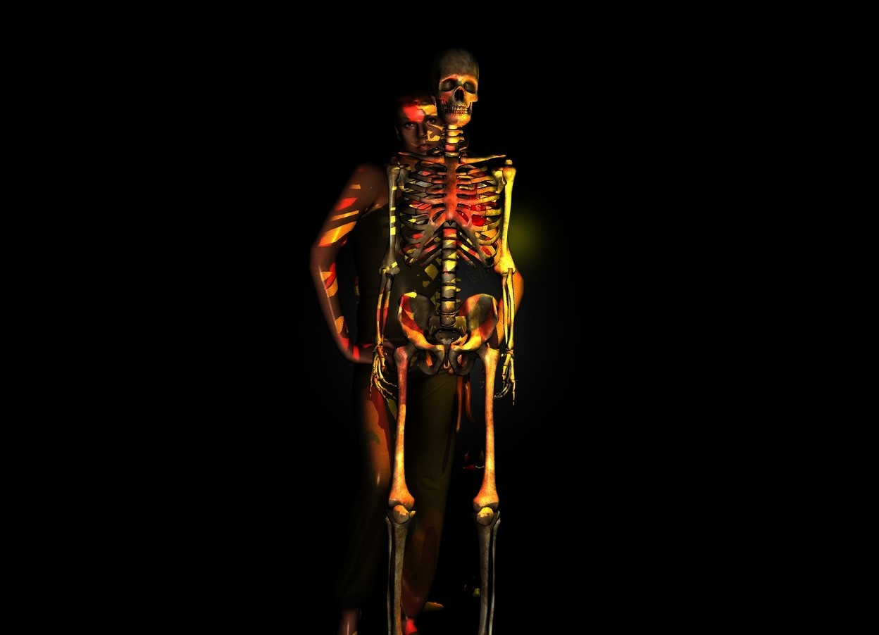 Input text: the sky is black. the ground is reflective black. the sun is black. the ambient light is black.  A woman. the woman is facing up. a skeleton -16 inches above the woman. the skeleton is facing up. a small red shiny flame -15 inches above the skeleton. the flame is facing up. the flame is -58 inches to the front. the flame is -7 inches to the right. a red light above the flame. a yellow light to the right of the flame.