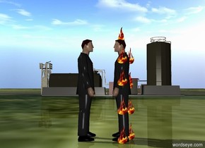 a first man.a second man is 1 feet left of the first man.the first man is facing the second man.the second man is facing the first man.a building is 80 feet behind the second man.the building is facing right.the ground is grass.a first[fire]flame is -3 inches above the first man.a second flame is -4 inches right of the first man.the second flame is fire.a third flame is 6 inches above the second flame.the third flame is fire.a fourth flame is 6 inches above the third flame.the fourth flame is fire.a fifth flame is 6 inches above the fourth flame.the fifth flame is fire.a sixth flame is in front of the first man.the sixth flame is fire.a seventh flame is 7 inches above the sixth flame.the seventh flame is fire.a eighth flame is 7 inches above the seventh flame.the eighth flame is fire.a ninth flame is 3 inches above the eighth flame. the ninth flame is fire.