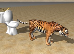 The tiger is on the beach. The tiger is standing in front of the toilet. The seagull is standing on the toilet.