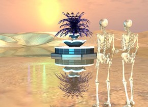 two skeletons. skeletons are shiny. ground is shiny. cyan light. purple light. green light. blue light. there is a shiny fountain 35 feet in front and to the left of the skeletons. a small tree is 16 feet in the shiny fountain. the tree is clear. the tree is blue.