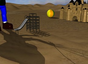 toy. A tiny castle is 30 feet behind the toy. castle is sand. A 50 foot tall boy is on the left of the toy. he is facing the toy. A big toy is 7 feet on the left of the castle.