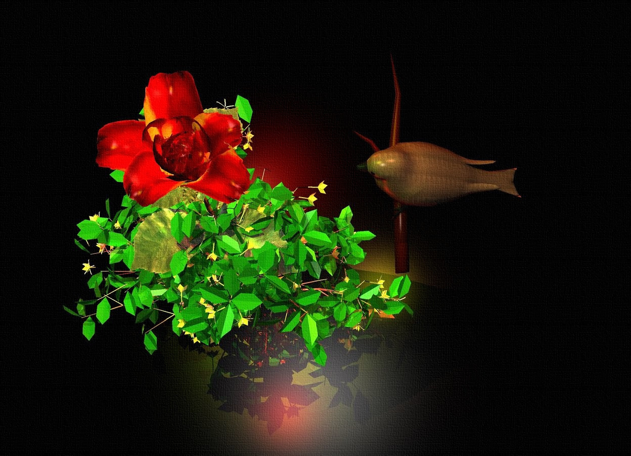 Input text: It is night. A nightingale is 1 inch to the left of  and -6 inches above a large rose. The nightingale is texture. The texture is 0.2 inches wide. The rose is -16 inches above a small bush. A green light is on the rose. A yellow light is next to the rose. A red light is behind the rose. A peach light is -1 inch in front of the rose. A peach light is above the nightingale. A yellow light is 1 foot above the rose. A red light is 6 inches in front of the nightingale. The ground is silver. The nightingale is facing the rose. 3 red lights are -10 inches to the left of the rose.