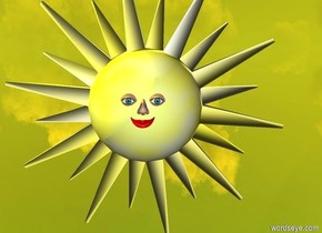 a sun symbol.a nose is in front of the sun symbol.the nose is 2 feet above the ground.a mouth is in front of the sun symbol.the mouth is 1.85 feet above the ground.the mouth is -2.6 inches left of the nose.a first eye is left of the nose.the first eye is -1 inches above the nose.a second eye is right of the nose.the second eye is -1 inches above the nose.the ground is silver.the sun is pale yellow.