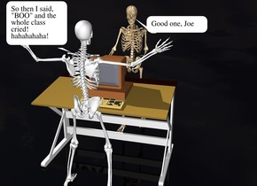 A computer is on a desk. a skeleton is in front of the desk. the skeleton is facing the desk. the ground is black. a 2nd skeleton is behind the desk. the 2nd skeleton is facing the desk.