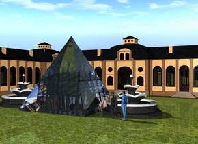 An enormous glass pyramid is 15 feet in front of a building. the building is on the ground. there is a 2nd building on the left of the building. it is on the ground. it is facing east.
the ground is grass. a very tiny clear construction site is inside the pyramid. it is 9.5 feet inside the pyramid.  there is a small fountain on the left of the pyramid. there is a 2nd small fountain on the right of the pyramid. there are 2 small people in front of the fountain. they are facing the pyramid.
